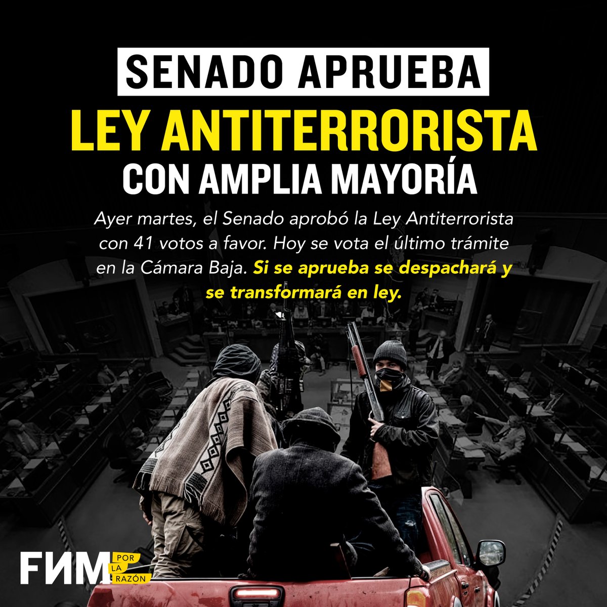 🚨 SENADO APRUEBA LEY ANTITERRORISTA CON AMPLIA MAYORÍA

Ayer martes, el Senado aprobó la Ley Antiterrorista con 41 votos a favor. Hoy se vota el último trámite en la Cámara Baja. Si se aprueba se despachará y se transformará en ley.

🧵👇