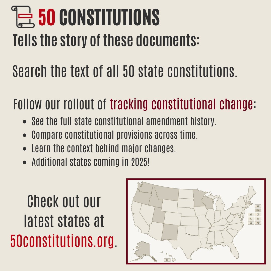 🚨50 Constitutions Update🚨

Our latest update to 50constitutions.org adds tracking constitutional change features to 9 states!

These tools allow users to explore a state's full amendment history.

(Additional states coming in 2025!)