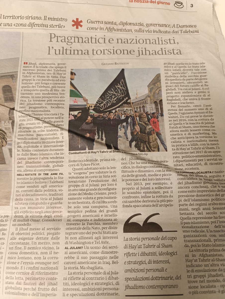 battiston_g's tweet photo. #Afghanistan e Siria: Talebani e Hayat Tahrir al-Sham sono due gruppi diversi, che operano in contesti differenti. La loro parabola/evoluzione incarna peró la stessa torsione localista,pragmatica e perfino nazionalista di una parte del jihad contemporaneo. Su @ilmanifesto di oggi https://t.co/RzWf7zZaLy