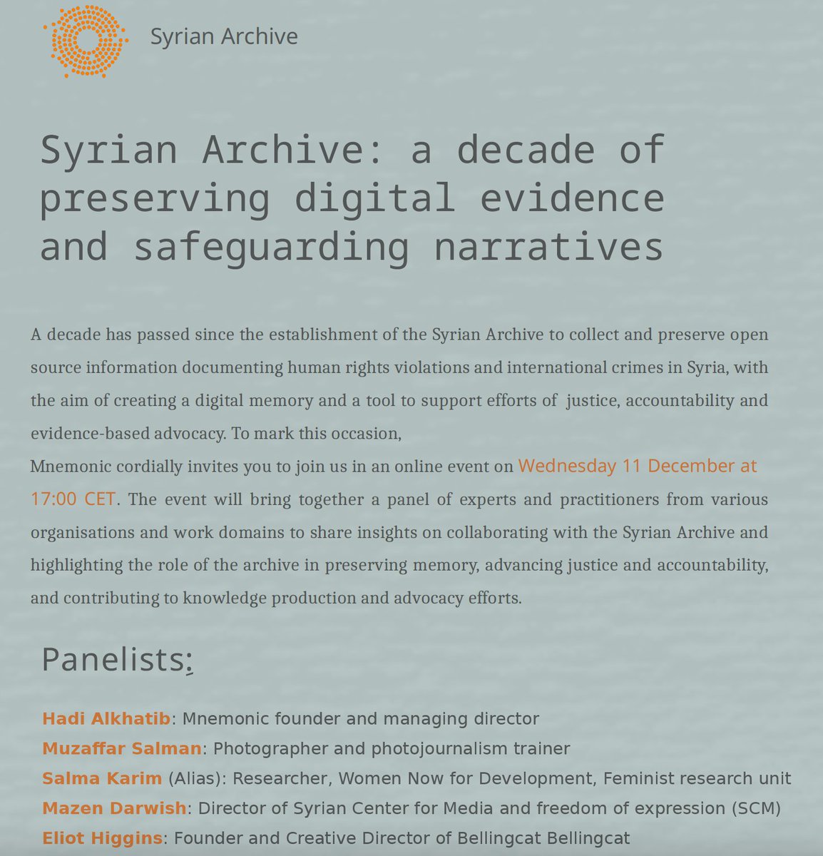 MariaMingoJ's tweet image. HAPPENING NOW! Join us for @mnemonicorg's @syrian_archive webinar marking its 10th anniversary: A decade of preserving memory, advancing justice and accountability, and contributing to knowledge production and advocacy efforts. Hope to see you there! lnkd.in/e8AkZD7y