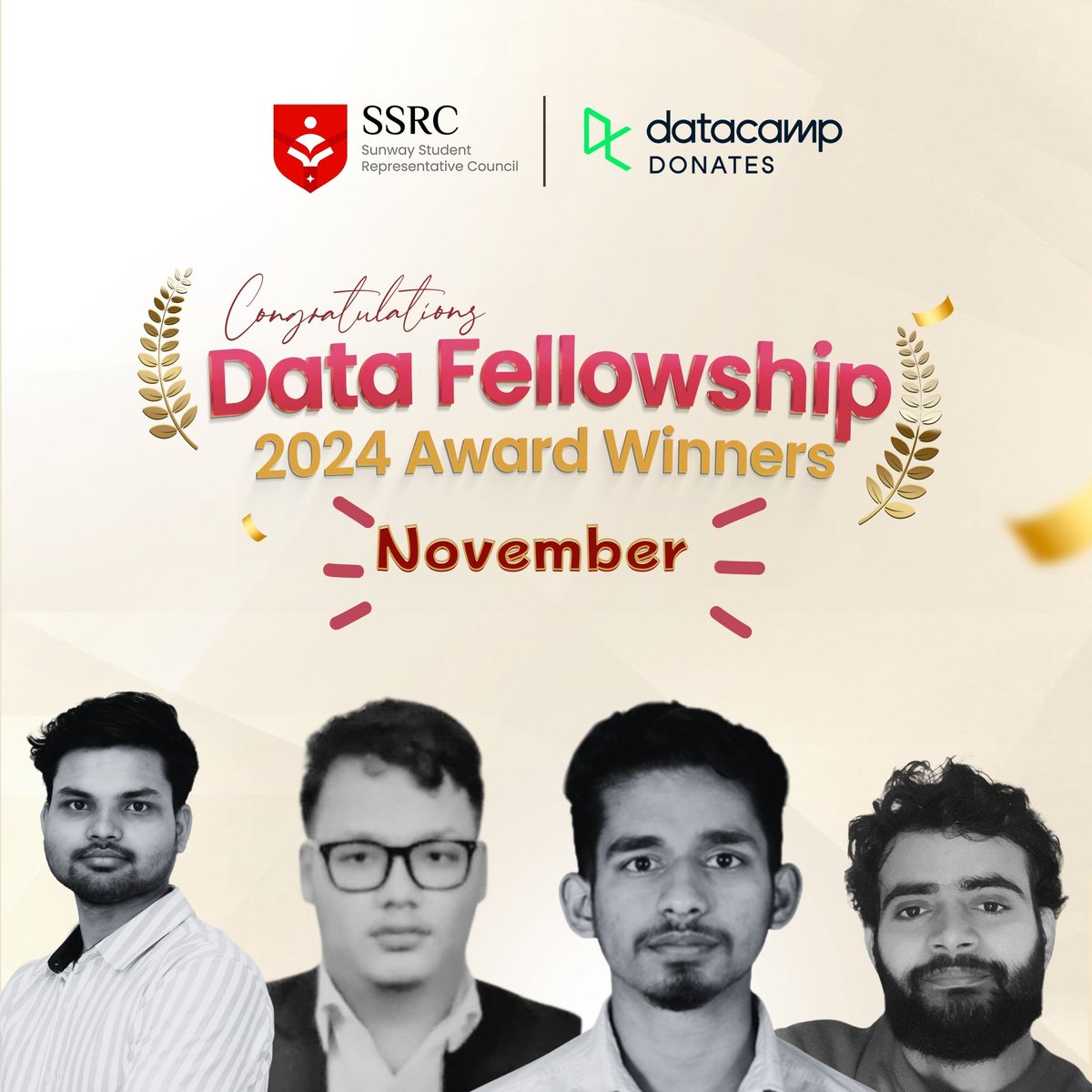 sunwaysrc's tweet photo. We're overjoyed to announce the winners of Data Fellowship for the month of November. Congratulations to our four outstanding winners under Highest Course Conqurer and highest XP Earner: Manjit Maharjan,Sagar Poudel, Bishnu Upadhyay and  Birendra Sharma #SSRC #Datacamp https://t.co/Bopdr7QSn4