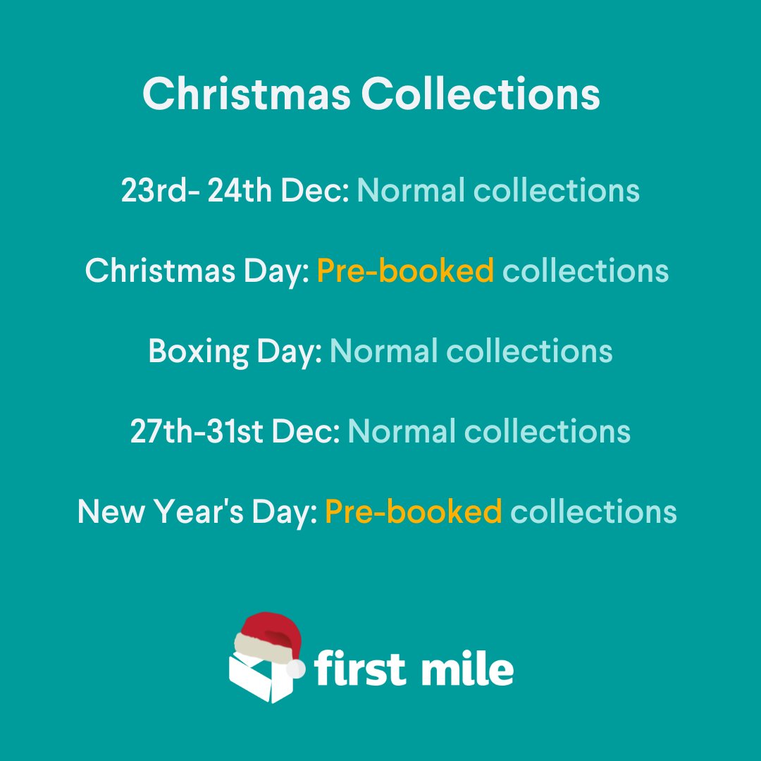 Christmas Collections Update ☃️

Christmas Day and New Year's Day collections must be pre-booked, on all other days we will collect as normal.

To pre-book your collection for these days, click the link below.

thefirstmile.co.uk/christmas-coll…

#Recycling #Christmas #Update
