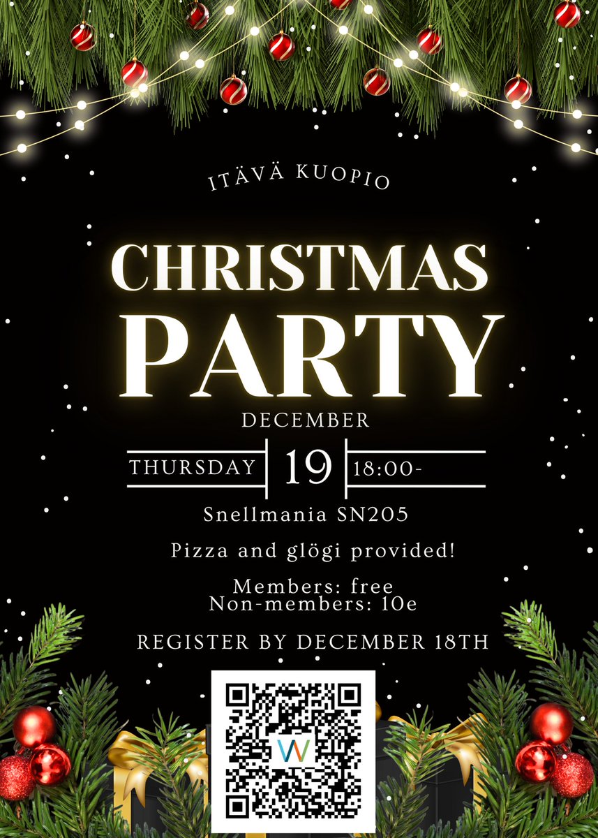 ItaVaUEF's tweet photo. 🎄 Now it’s Kuopio’s turn for Pikkujoulut! 🎄
📅 Thu, 19 Dec | 🕕 6 pm

📍 SN205
🍕 Pizza
🍷 Glögi
💡 Remember to register!

Members: Free | Non-members: 10 €

Join us for festive fun and great company! 🌟 https://t.co/a1SJD8p7cN