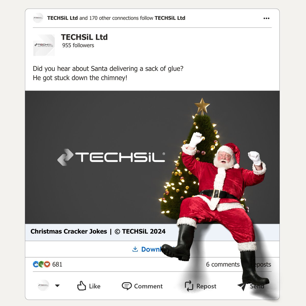 Techsil's tweet photo. Did you hear about Santa delivering a sack of glue?
He got stuck down the chimney!

🌐https://t.co/ahXs9xccNT

#christmacountdown #TECHSiL #christmasjokes https://t.co/2o1btLAkRR