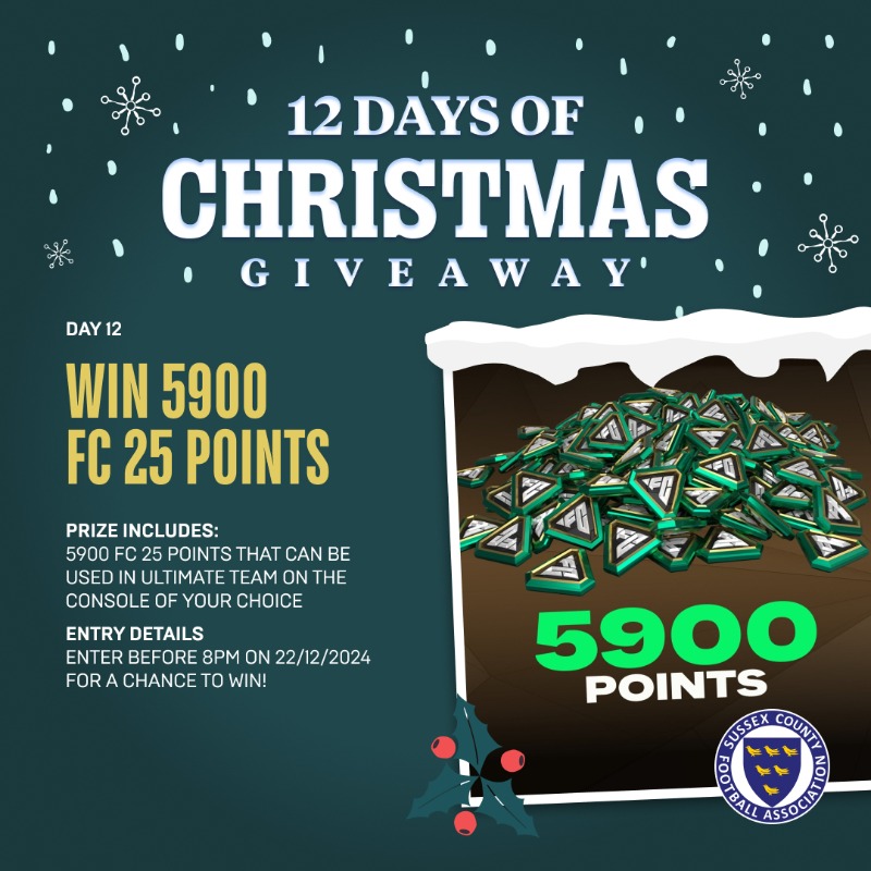 SussexCountyFA's tweet photo. 🎅 12 days of Christmas GIVEAWAY! 🎄

DAY 1⃣2⃣ - We're ending our giveaway with a good one! Win yourself a whopping 5900 FC 25 Points!

Drop a follow and then like, re-post and tag a friend to win! 

Full T&amp;C's...👇

#XmasGIVEAWAY🎁 #SussexFootball⚽️