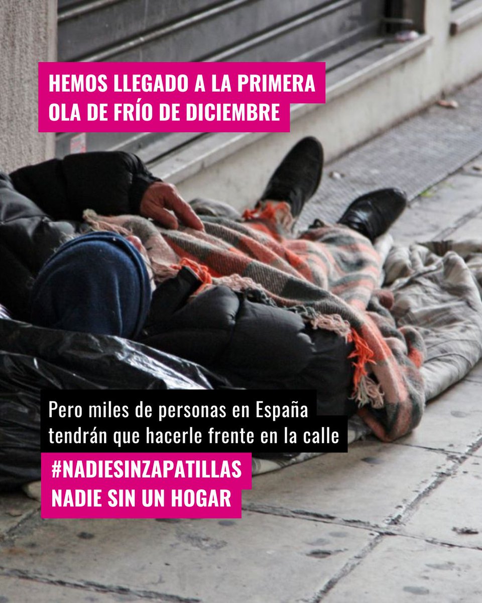 ❄ Se acerca el frío y miles de personas en España no tienen un hogar en el que guarecerse. 
 
→ Busquemos soluciones juntas para que nadie tenga que enfrentar la ola de frío en la calle.
 
📎 Infórmate aquí: hogarsi.org/frio-y-sinhoga…
#sinhogarismo #NadieSinZapatillas