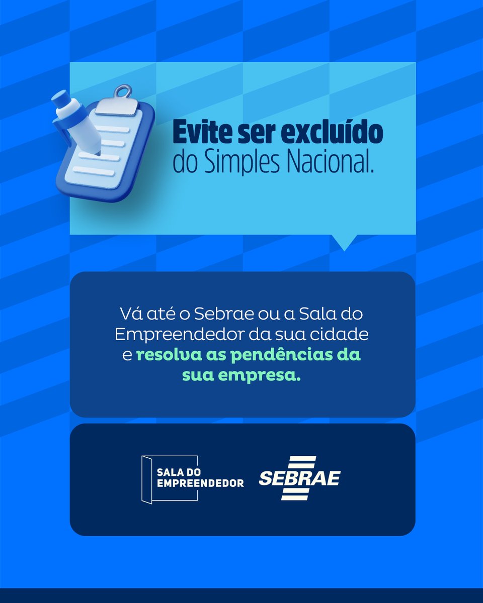 Atenção empreendedor! Evite a exclusão do Simples Nacional.

Procure o Sebrae Tocantins ou a Sala do Empreendedor da sua cidade e resolva as pendências da sua empresa.

Não perca seus benefícios como um microempreendedor individual!

#SebraeTocantins #SalaDoEmpreendedor #MEI