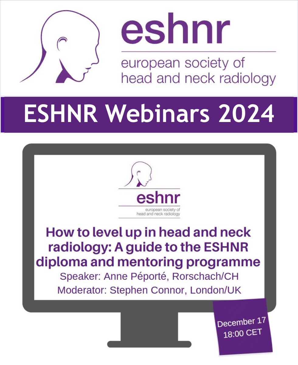 ESHNR (@eshnrsociety) on Twitter photo #ESHNR webinar 🎄 Edition:
📆Tuesday, December 17, 18:00 CET
📈How to level up in head and neck radiology: A guide to the ESHNR diploma and mentoring programme
👩⚕️Speaker: <a href="/AnnePeporte/">Anne Péporté</a>, Frauenfeld/CH
🎤Moderator: Steve Connor, London/UK
👉 us06web.zoom.us/webinar/regist… #ESHNR webinar 🎄 Edition:
📆Tuesday, December 17, 18:00 CET
📈How to level up in head and neck radiology: A guide to the ESHNR diploma and mentoring programme
👩⚕️Speaker: <a href="/AnnePeporte/">Anne Péporté</a>, Frauenfeld/CH
🎤Moderator: Steve Connor, London/UK
👉 us06web.zoom.us/webinar/regist…
