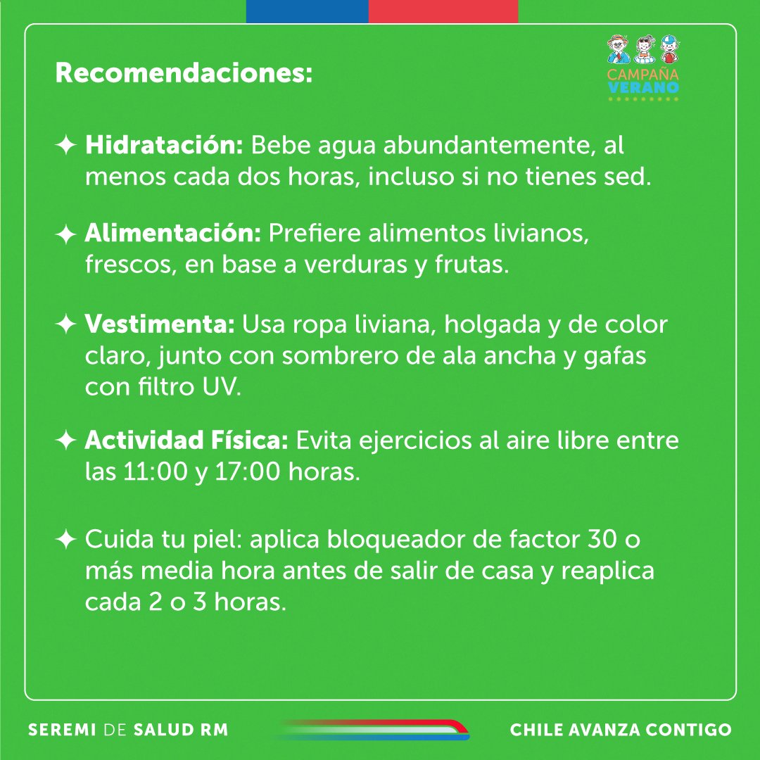 SeremiSaludRM's tweet photo. Este miércoles en la #RM tendremos #AlertaVerde. 

En las imágenes, te recomendamos lo siguiente para prevenir deshidratación o golpes de calor ☀️☀️⚠️⚠️. https://t.co/0811snIi9B
