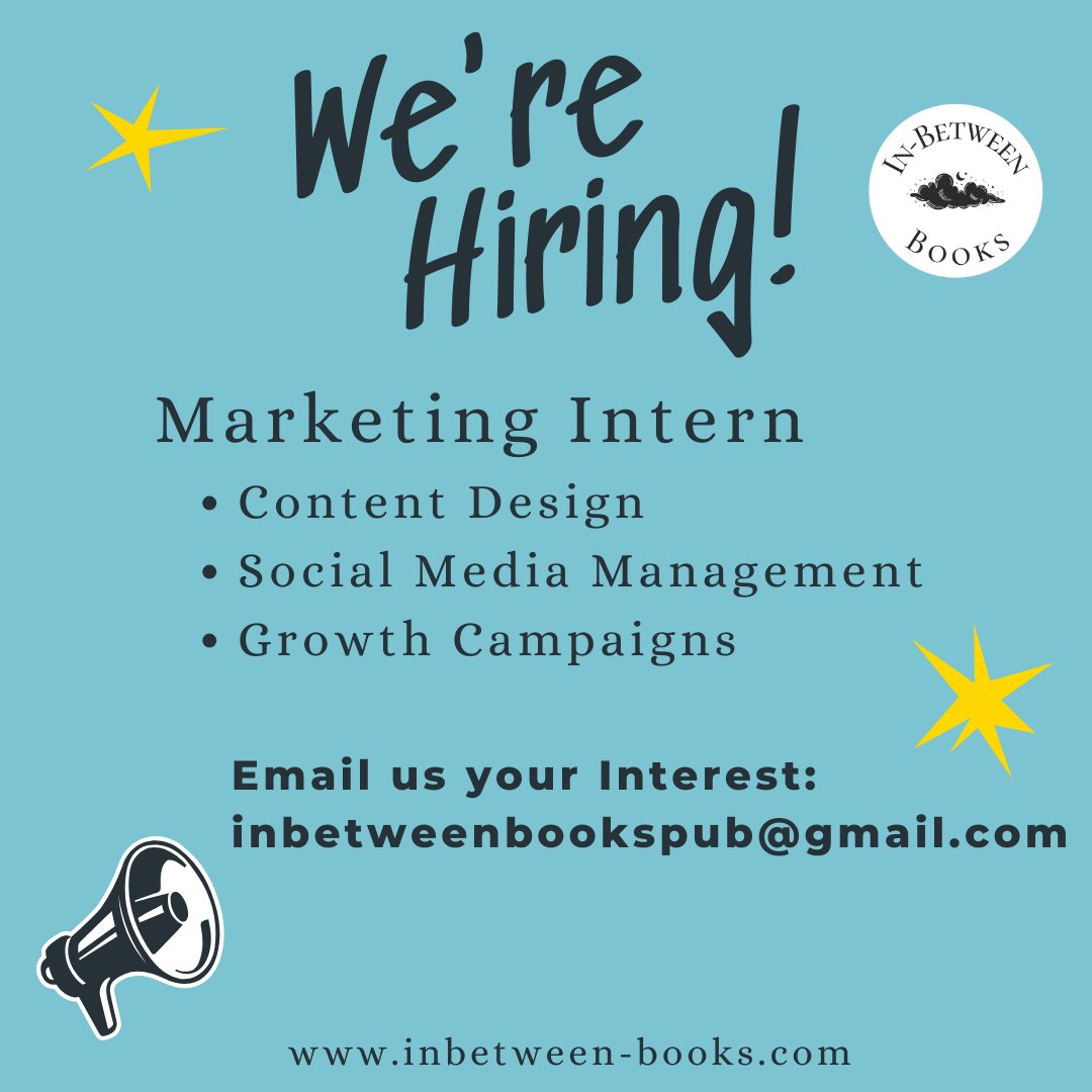 inbetween books publishing (@inbetween_books) on Twitter photo π¨ We're Hiring a Marketing Intern! π¨
π» Remote
π
January β May 2025
π° Monthly stipend + bonuses
π§ Apply: inbetweenbookspub@gmail.com
β¨ Letβs make a difference through stories! β¨ π¨ We're Hiring a Marketing Intern! π¨
π» Remote
π
January β May 2025
π° Monthly stipend + bonuses
π§ Apply: inbetweenbookspub@gmail.com
β¨ Letβs make a difference through stories! β¨