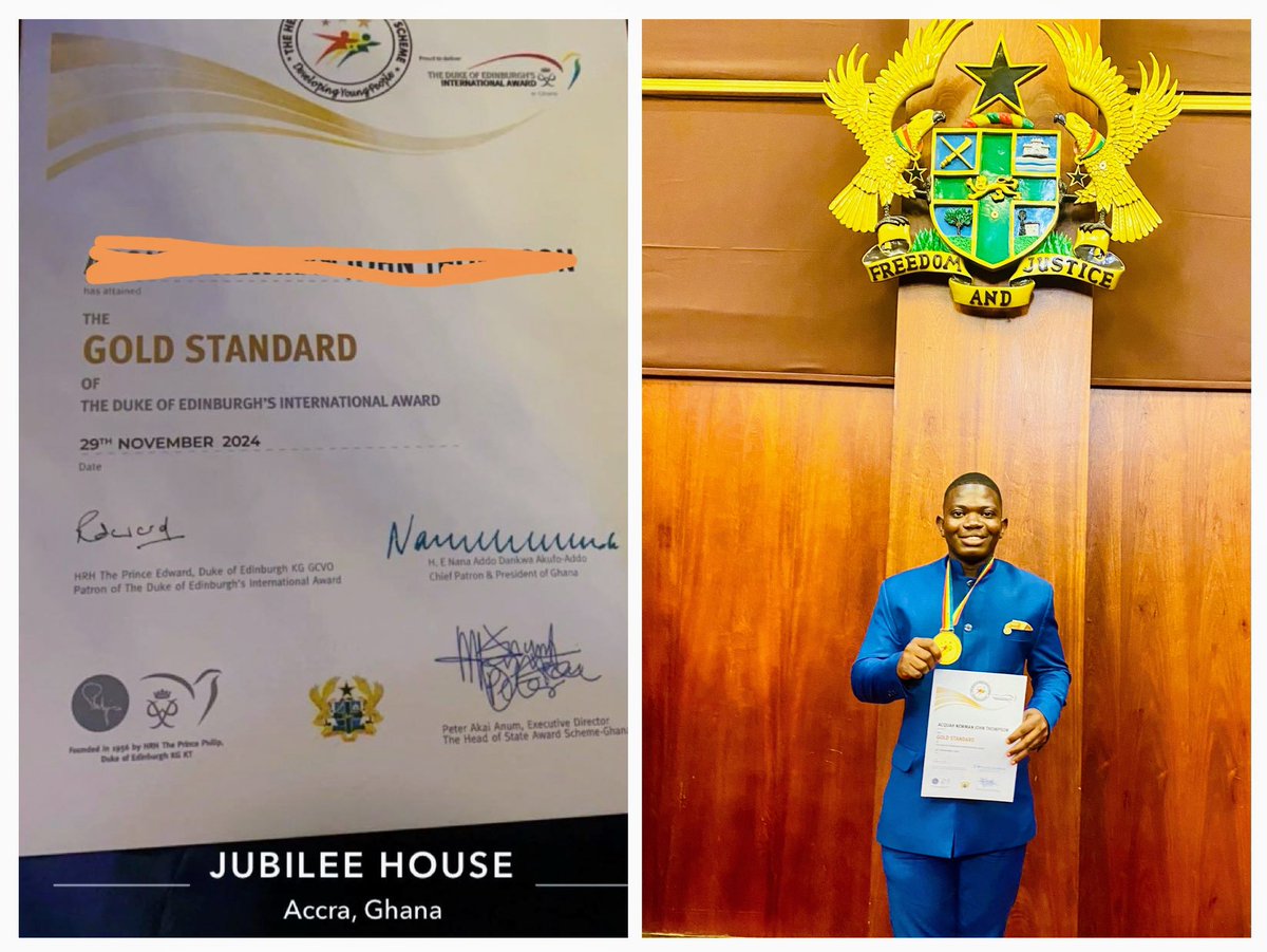 __Johnnewman's tweet photo. On Friday 29th November, 2024 I had the honor of receiving the Gold Award of the Duke of Edinburgh Award locally known as the Head of States Award in the presence of President @NAkufoAddo at the Jubilee House.

Our resilience and perseverance has paid off!
Congratulations to us. https://t.co/6aYqCWWIdR