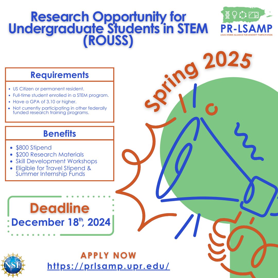 LsampPr's tweet photo. 📣Call for ROUSS [Spring 2025] is now open! 👩‍🔬👨‍🔬
#prlsamp #nsf #stem #rouss #2024-2025 #pr #upr #uagm #pucpr https://t.co/DGseAyM1d0