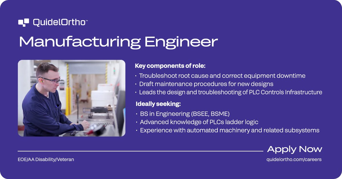 QuidelOrtho (@quidelortho) on Twitter photo We’re hiring – Manufacturing Engineer in Rochester, NY
Apply now and become part of a company that values your skills and dedication. Explore more and submit your application: orthoclinical.wd1.myworkdayjobs.com/Search/jobs?jo…
#NowHiring #ManufacturingJobs #RochesterNY #JoinOurTeam #JobOpportunities We’re hiring – Manufacturing Engineer in Rochester, NY
Apply now and become part of a company that values your skills and dedication. Explore more and submit your application: orthoclinical.wd1.myworkdayjobs.com/Search/jobs?jo…
#NowHiring #ManufacturingJobs #RochesterNY #JoinOurTeam #JobOpportunities