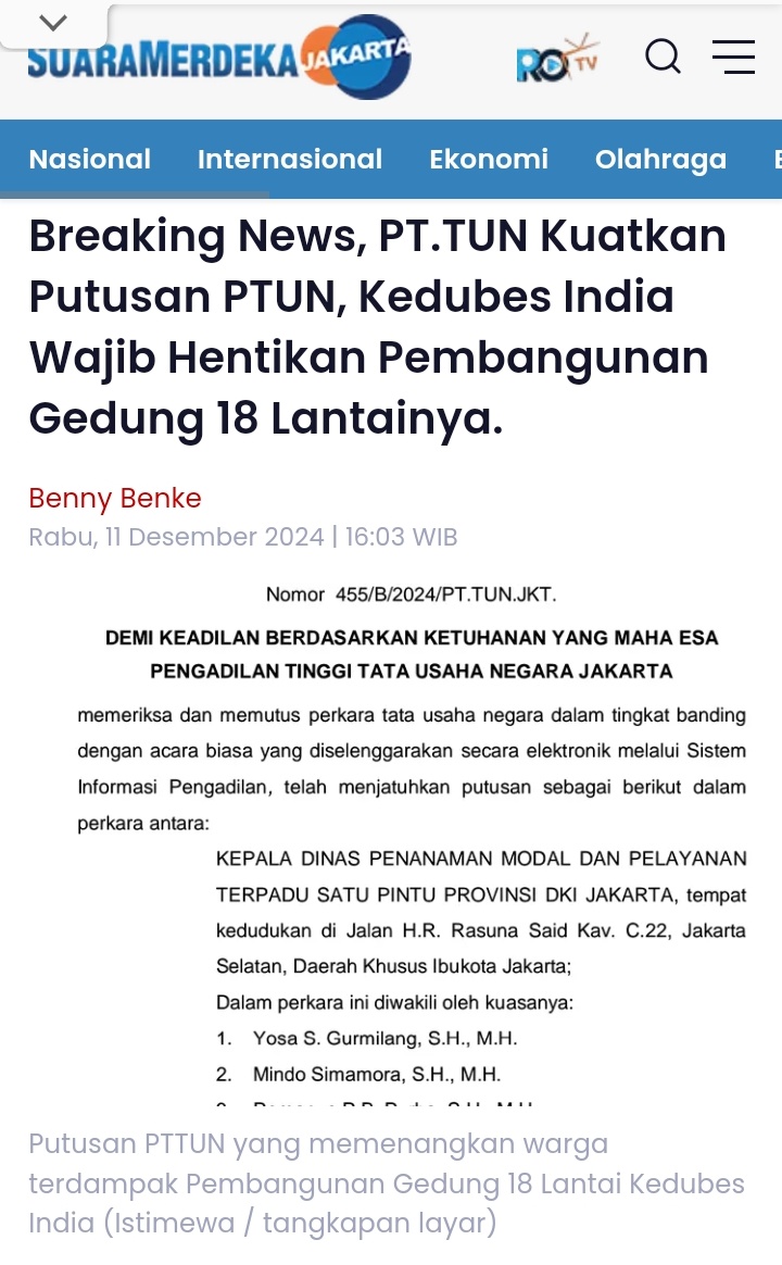 Miss Tweet | (@heraloebss) on Twitter photo BREAKINGNEWS!
PTUN Putuskan kedutaan Vrindavan wajib hentikan Pembangunan 18 Lantainya!!
jakarta.suaramerdeka.com/nasional/13414…
Publik Menyambut baik putusan ini, Bukti supremasi hukum masih tegak di Indonesia!
Pemda <a href="/DKIJakarta/">Pemprov DKI Jakarta</a> wajib mentaati putusan & melakukan proses perijinan ulang BREAKINGNEWS!
PTUN Putuskan kedutaan Vrindavan wajib hentikan Pembangunan 18 Lantainya!!
jakarta.suaramerdeka.com/nasional/13414…
Publik Menyambut baik putusan ini, Bukti supremasi hukum masih tegak di Indonesia!
Pemda <a href="/DKIJakarta/">Pemprov DKI Jakarta</a> wajib mentaati putusan & melakukan proses perijinan ulang