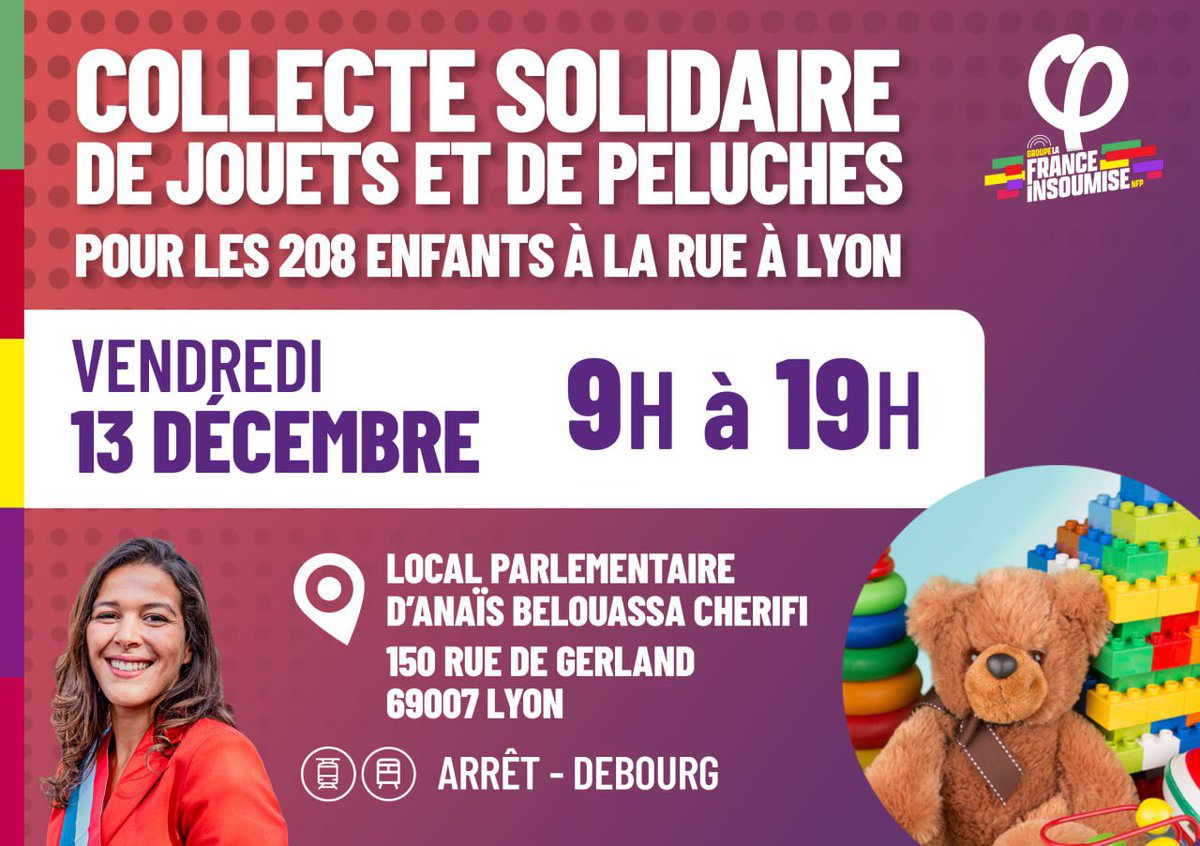 BelouassaAnais's tweet photo. 🧸 Ce vendredi, collecte solidaire de jouets, peluches, livres …. pour les 208 enfants à la rue à #Lyon !
Nous vous accueillons pour récupérer les dons, de 9h à 19h, à notre permanence parlementaire !
📍150 rue de Gerland, Lyon 7ème https://t.co/UlXlJSk9Gd