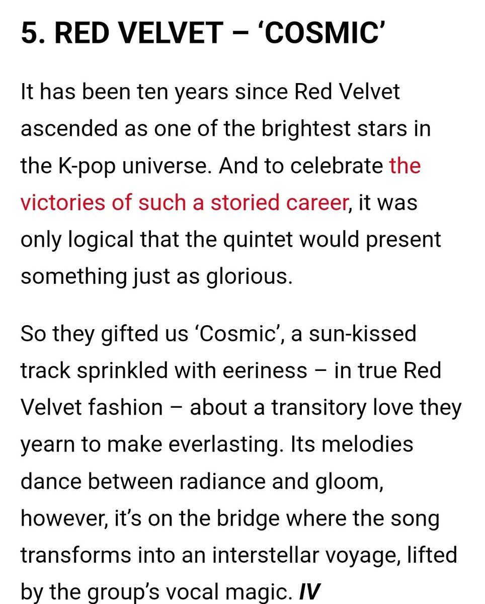 rvelites's tweet photo. #RedVelvet's 'Cosmic' is 5th in NME's The 25 Best Kpop Songs of 2024 list 💫

"Its in the bridge where the song transforms into an interstellar voyage, lifted by the group’s vocal magic"

https://t.co/cmvUtP3os2 https://t.co/31DSyZJ22j
