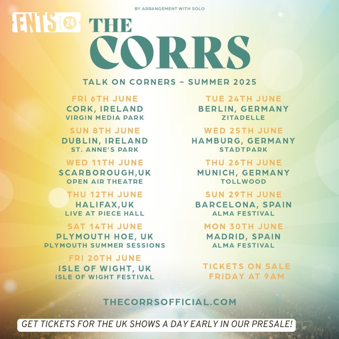 🎶 #TheCorrs are back in the UK next year with a trio of shows, joined by the amazing #NatalieImbruglia 🎤✨
🎟️ Tix go on general sale Friday, but our PRESALE starts tomorrow (Thur 12th Dec) at 9am!🕘 ents24.com/uk/tour-dates/…
#LiveMusic #ents24