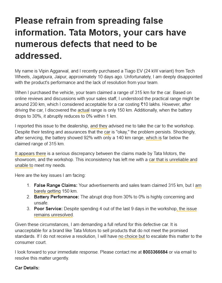 vipin10's tweet photo. @TataMotors @TataMotors @TataMotors_Cars 
Please refrain from spreading false information. Tata Motors, your cars have numerous defects that need to be addressed. https://t.co/7UyatpGcIs