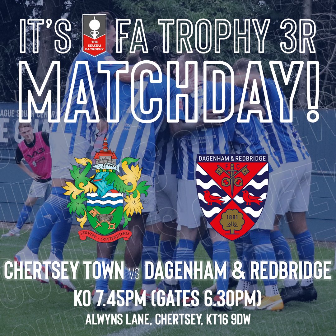 IT’S FA TROPHY MATCHDAY!
Get your family, friends and neighbours together and join us at Alwyns Lane as the Curfews contest the 3rd Round for the first time! Can we overcome the challenge of <a href="/Dag_RedFC/">Dagenham & Redbridge</a> ? With the town out in support anything is possible! See you there. KO 7.45pm
