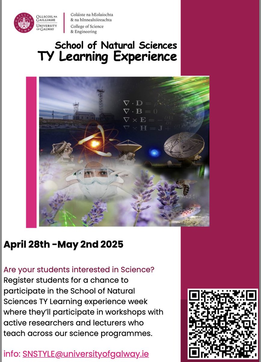 lizcoleman (@lizcoleman9) on Twitter photo Teachers!
<a href="/SNSUniofGalway/">SNS@UniversityofGalway</a> are looking for engaged & enthusiastic TY students that are interested in Science to take part in our fantastic TY learning experience, where they'll try out life as a researcher in the natural sciences for one week.
forms.office.com/e/TuuT6rz550 Teachers!
<a href="/SNSUniofGalway/">SNS@UniversityofGalway</a> are looking for engaged & enthusiastic TY students that are interested in Science to take part in our fantastic TY learning experience, where they'll try out life as a researcher in the natural sciences for one week.
forms.office.com/e/TuuT6rz550