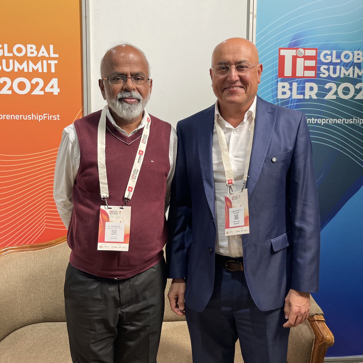 velumania's tweet photo. Hero in entrepreneurship in 1990s. 
Hotmail sensation. 
Best exit of that decade 
Happy to meet @sabeer in Bengaluru.  

#TiEGlobalSummit2024 #TGS2024 #VerixVerified #Verix #Blockchain #GlobalVerification #Entrepreneurship #Startup #TGSVerix https://t.co/jfkqPfKNod