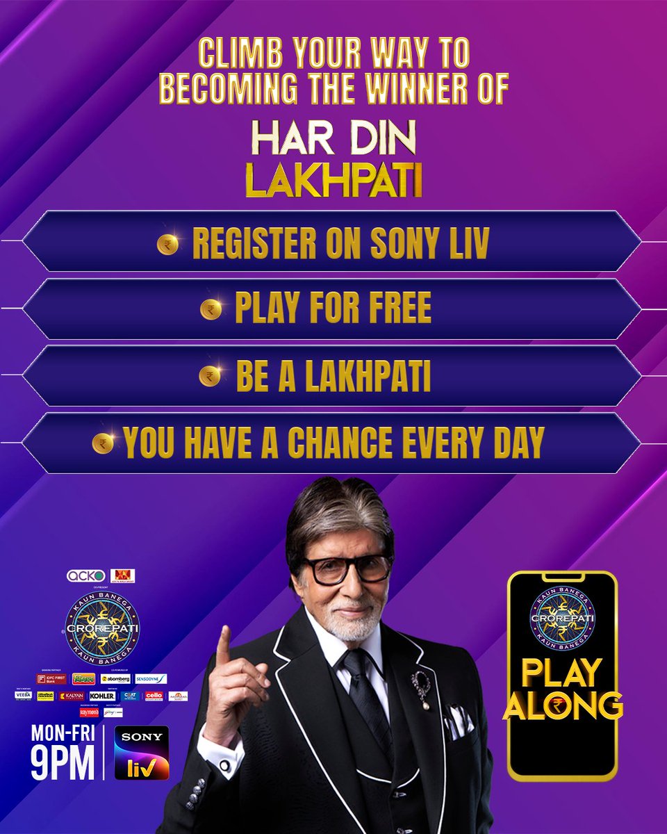 SonyLIV's tweet photo. Play. Answer. Win. ₹1,00,000 awaits you at the top! Start your climb with #KBCPlayAlong on Sony LIV today! 

Watch, Play &amp; Win a chance every day to be a lakhpati with KBC Play Along 'Har Din lakhpati'. Register now on the Sony LIV app and play for free!

#KBCOnSonyLIV #KBC16 https://t.co/hqWWhbGadL