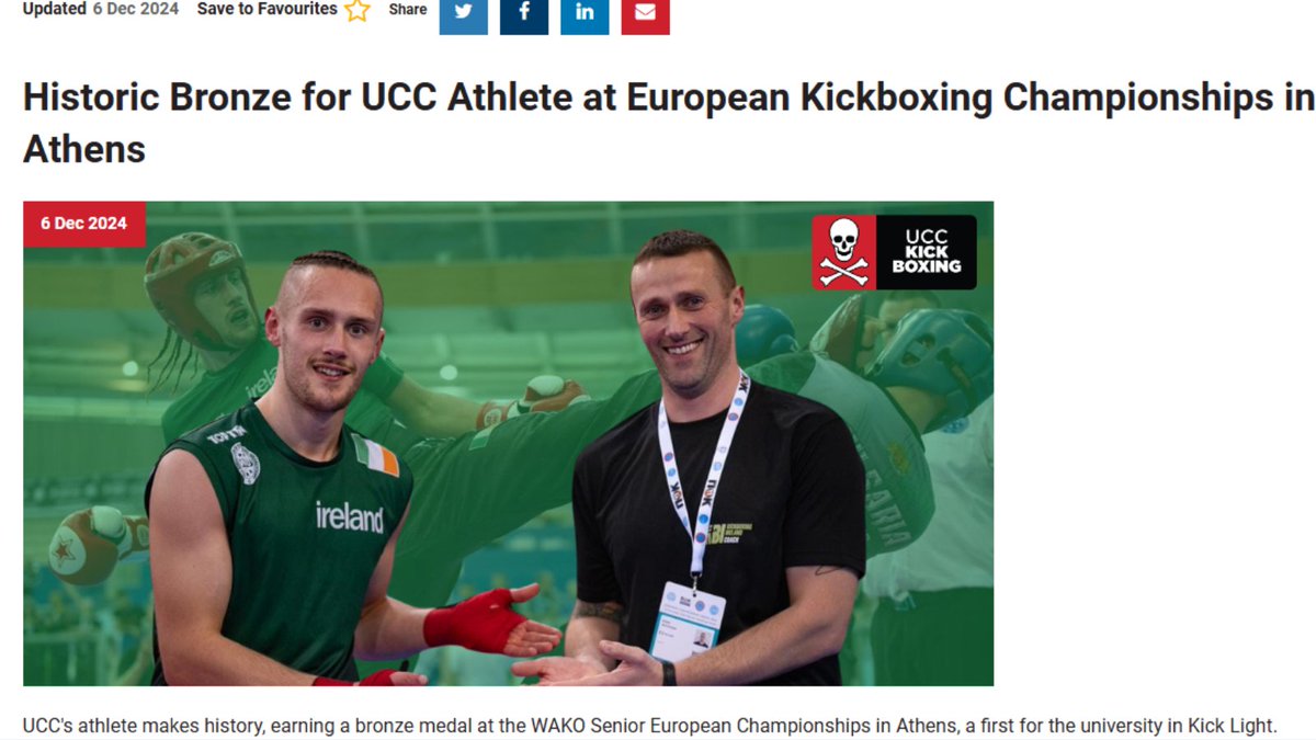 UCC Sport (@uccsport) on Twitter photo Taylor Heffernan is a UCC Sport Scholar and International Development student. He recently earned a bronze medal at the WAKO Senior European Kickboxing Championships in Athens.
Read his article about his experience on our website: bit.ly/4f9VhW1 <a href="/bankofireland/">Bank of Ireland</a> Taylor Heffernan is a UCC Sport Scholar and International Development student. He recently earned a bronze medal at the WAKO Senior European Kickboxing Championships in Athens.
Read his article about his experience on our website: bit.ly/4f9VhW1 <a href="/bankofireland/">Bank of Ireland</a>