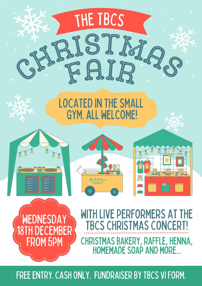 Our wonderful VI Former students have organised a Christmas Fair for Wednesday 18th December. 
There will be Henna art for sale, a festive bakery and face painting, as well as festival fair games, a florist and lots more! 
All proceeds will be going to the Cynthia Spencer charity