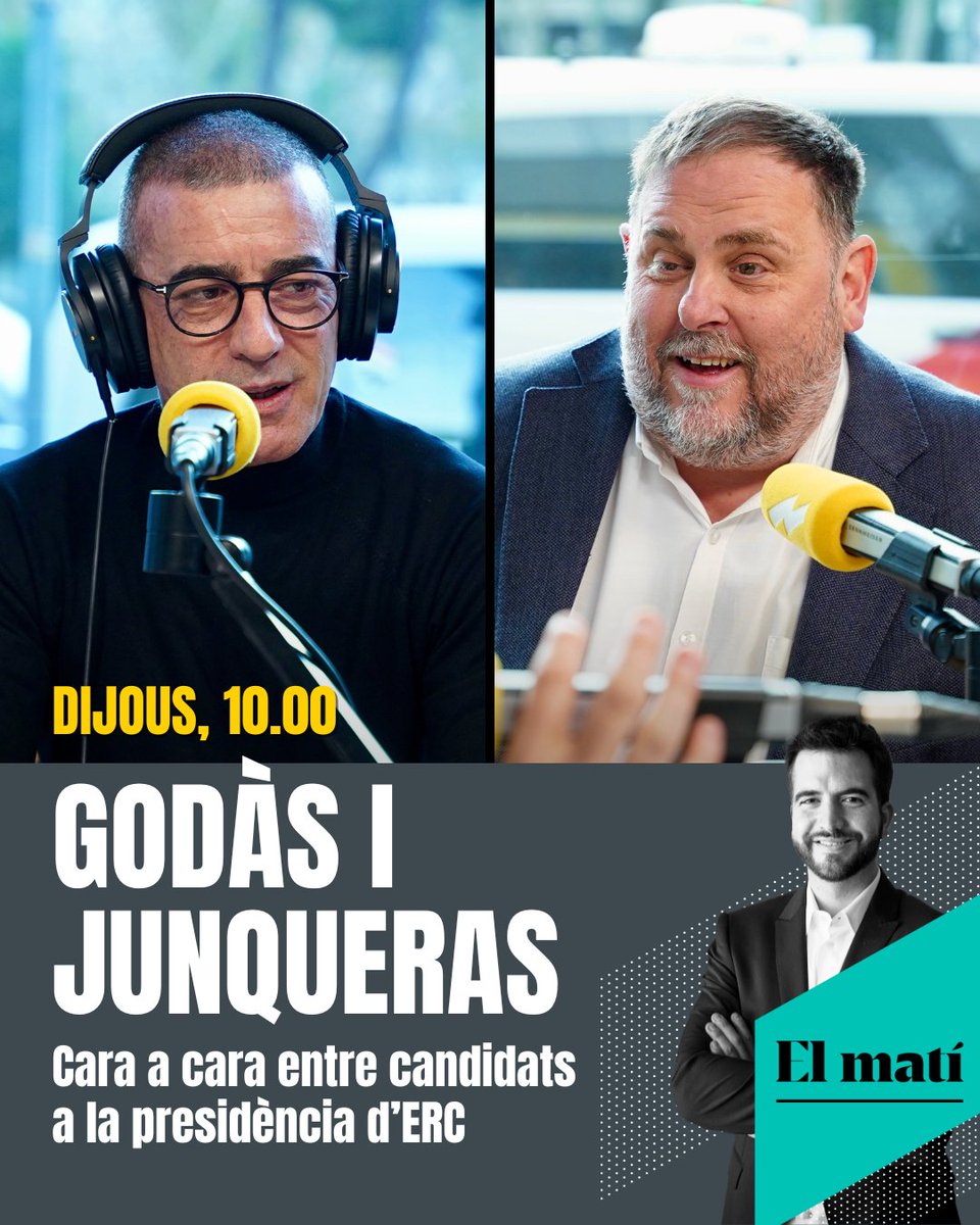Catalunya Ràdio (@catalunyaradio) on Twitter photo Demà al #MatíCatRàdio, cara a cara dels candidats a la presidència d'ERC, que triarà dissabte la militància del partit: <a href="/XavierGodas/">Xavier Godàs</a> i Oriol <a href="/junqueras/">Oriol Junqueras 🎗️</a> confrontaran les seves posicions Demà al #MatíCatRàdio, cara a cara dels candidats a la presidència d'ERC, que triarà dissabte la militància del partit: <a href="/XavierGodas/">Xavier Godàs</a> i Oriol <a href="/junqueras/">Oriol Junqueras 🎗️</a> confrontaran les seves posicions