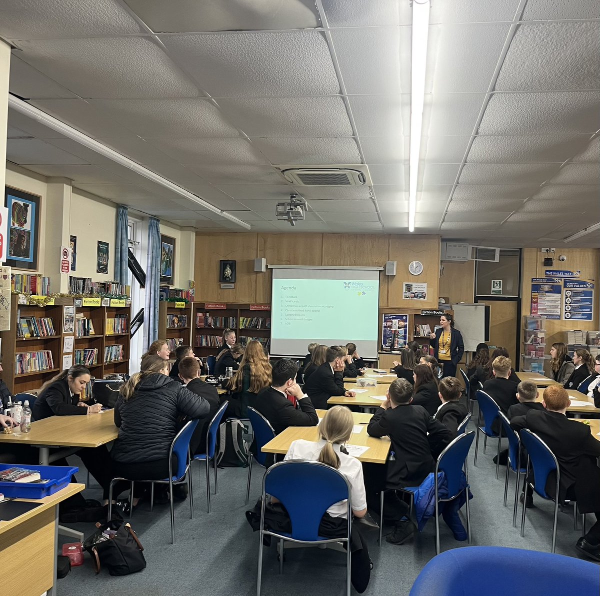 cdraytonx's tweet photo. School council meeting 2 yesterday - amazing turn out again! 🟡🔵 Lots of ideas shared and discussion about more opportunities for larger cohort student voice and getting involved in the food bank donations. 🥳 @WalesHigh @waleshighnews https://t.co/P3uFzq2mCV