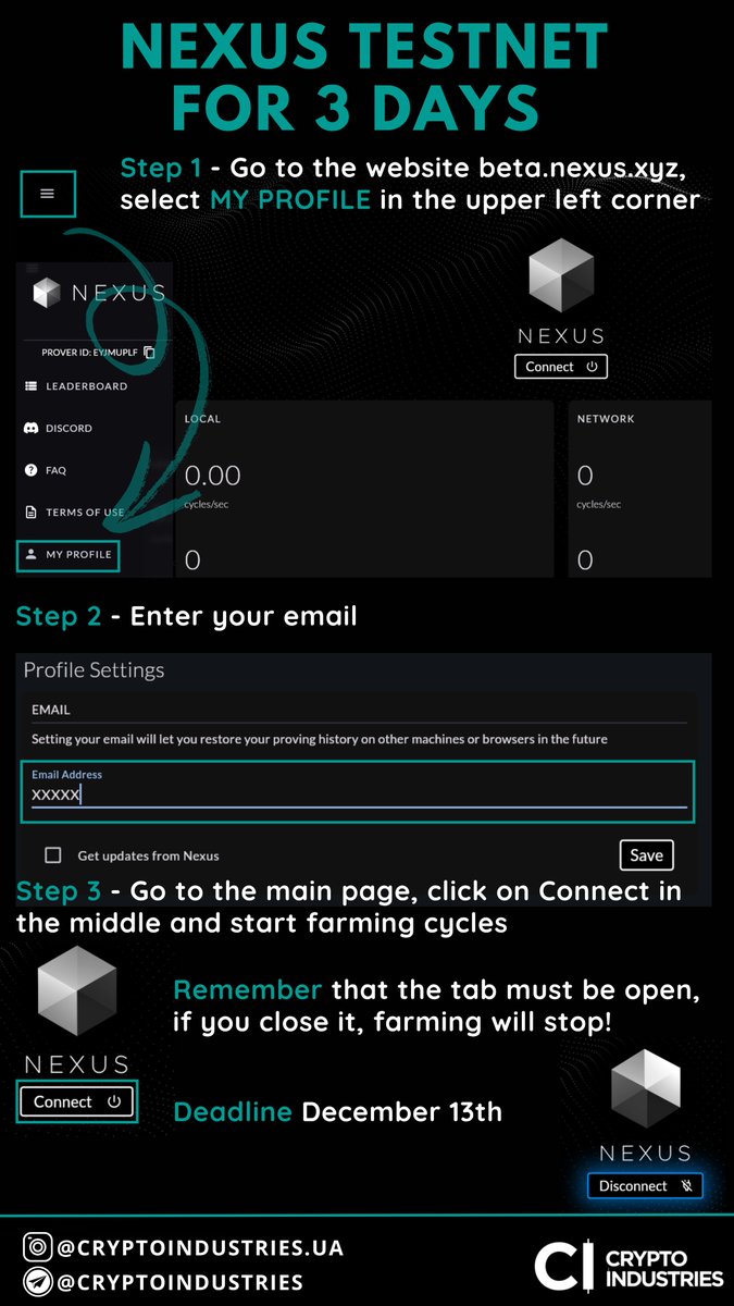CI_community_ua's tweet photo. 🚀 Nexus Testnet for 3 Days! Don’t Miss Your Chance! 🚀

💸 Worth: Free
💰 Potential profit: $300

@NexusLabs is a supercomputer that unites the power of devices, from GPU farms to smartphones, creating the Verifiable Internet. The project has already raised $25M from top investors like @PanteraCapital , @lightspeedvp , @dragonflyvc , and others.

📅 The testnet is live, and the reward system is active. Farming cycles will last for 4 days — from December 9 to December 13.

What to Do?

1️⃣ Go to the Nexus website: https://t.co/zx0O61oSS9
2️⃣ Click MY PROFILE in the top-left corner.
3️⃣ Enter your email (confirmation is optional — cycles will still farm).
4️⃣ On the main page, click Connect to start farming cycles 🤑

Pro Tips:
✨ Keep the tab open; farming will stop if you close it.
✨ Avoid clearing cookies to prevent losing farmed cycles.
✨ Open two tabs to double the farming speed, but this will increase your PC's load.

Why Join?
This project is still under the radar, but its strong investor backing makes it worth your time.

⏳ Deadline: December 13.

🔥 Join now and secure your spot early in @NexusLabs 🌟

#CryptoIndustries #Crypto #testnet #cycles