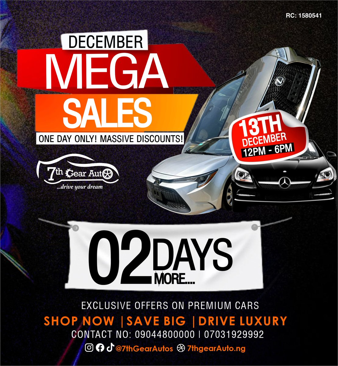 7thGearAutos's tweet photo. Just 2 days to go!
If your dream car no dey your garage after this sale, no be us, na you o! ๐๐ฅ
#DecemberMegaDeals #7thGearAutoโ https://t.co/GD6mvvpF3q
