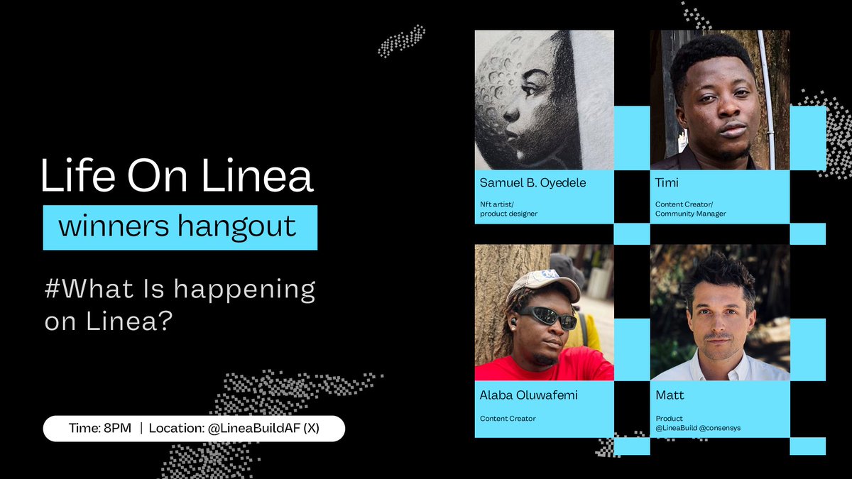 LineaBuildAF's tweet photo. We live on @LineaBuild and are winners of the #lifeonlinea contest. 

Join us as we chat with @matthieubouchau on how @LineaBuild empowers everyone to build and live onchain today! 

Join us: https://t.co/sljd50Xquh https://t.co/aeoDteP8P7