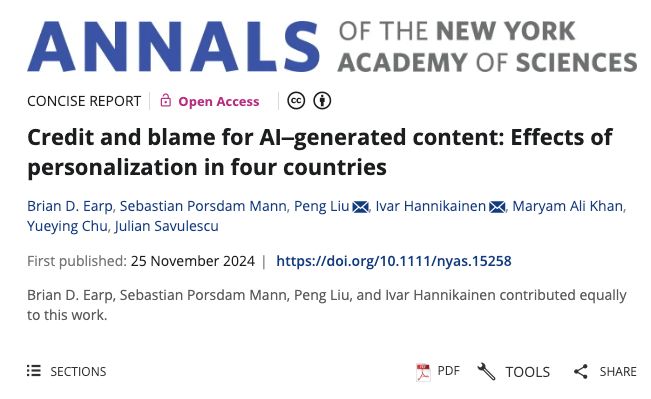 Now published! 🚨 In Annals of the New York Academy of Sciences, we report credit &amp; blame judgments for helpful vs. harmful AI-generated content across 4 countries: US, UK, China, and Singapore (links below). We first... 1/