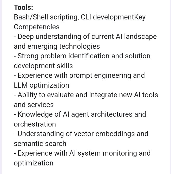 tohire_ng's tweet photo. We're Hiring 📢 

Job title: AI Engineer

Location: Remote 

About the Role
We seek an experienced AI Engineer to join our team in developing and implementing cutting-edge artificial intelligence solutions. The ideal candidate will have strong expertise in applied AI, particularly in integrating and deploying AI systems, working with various AI tools and platforms, and building intelligent agents.

What We Offer
- Competitive salary, Starting at NGN500k
- Collaborate with a forward-thinking team at the forefront of AI innovation.
- Opportunity to work on exciting, real-world AI projects for global clients.
- High growth potential in a fast-paced and innovative environment.

Key Responsibilities
- Design, develop, and deploy AI solutions with a focus on practical business applications
- Integrate and manage third-party AI APIs and services (e.g., OpenAI, Anthropic, Google AI)
- Build and optimize AI agents for autonomous task execution and decision-making
- Implement and manage vector stores for efficient similarity search and retrieval
- Create and maintain data pipelines for training and serving ML models
- Monitor AI system performance and implement improvements
- Research and evaluate emerging AI technologies and tools for potential implementation
- Develop solutions for complex problems identified through system analysis
- Mentor team members on AI best practices and implementation

Required Qualifications
- Background in Computer Science, Machine Learning, or related field
- Professional experience in applied AI development
- Expert-level proficiency in programming languages including Python and JavaScript/TypeScript
- Advanced command line and shell scripting capabilities
- Demonstrated experience integrating and working with third-party AI APIs
- Strong experience with vector databases (e.g., Pinecone, Weaviate, Milvus)
- Practical experience building and deploying AI agents
- Proven track record of deploying AI solutions to production environments
- Strong understanding of cloud platforms (AWS, GCP, or Azure) and their AI services

Technical Skills
- Languages: R, Python, JavaScript/TypeScript
- AI/ML Frameworks: PyTorch, TensorFlow, LangChain, LlamaIndex, Sickit-Learn
- Vector Stores: Pinecone, Weaviate, Milvus, or similar
- Cloud AI Services: AWS Bedrock, Azure OpenAI, Google Vertex AI
- Cloud Services: AWS, DigitalOcean, Linode, Azure, etc
- Version Control: Git, GitHub, GitLab
- Containerization: Docker, Kubernetes
- Command Line 

Tools:
Bash/Shell scripting, CLI developmentKey Competencies
- Deep understanding of current AI landscape and emerging technologies
- Strong problem identification and solution development skills
- Experience with prompt engineering and LLM optimization
- Ability to evaluate and integrate new AI tools and services
- Knowledge of AI agent architectures and orchestration
- Understanding of vector embeddings and semantic search
- Experience with AI system monitoring and optimization

Extra Preferred Qualifications
- Experience with RAG (Retrieval-Augmented Generation) implementations
- Knowledge of AI safety and responsible AI development
- Contributions to open-source AI projects
- Experience with AI model fine-tuning and optimization
- Familiarity with AI agents frameworks (e.g., trigger .dev, StackAI, PhiData, etc)

Apply 👇 
https://t.co/3jPmP5MZXn

We appreciate all applications but only shortlisted candidates will be contacted.