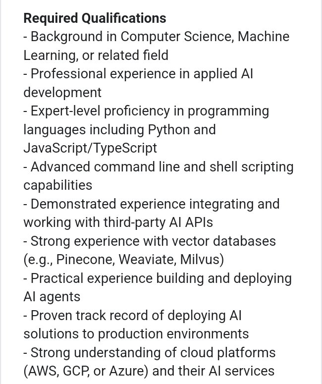 tohire_ng's tweet photo. We're Hiring 📢 

Job title: AI Engineer

Location: Remote 

About the Role
We seek an experienced AI Engineer to join our team in developing and implementing cutting-edge artificial intelligence solutions. The ideal candidate will have strong expertise in applied AI, particularly in integrating and deploying AI systems, working with various AI tools and platforms, and building intelligent agents.

What We Offer
- Competitive salary, Starting at NGN500k
- Collaborate with a forward-thinking team at the forefront of AI innovation.
- Opportunity to work on exciting, real-world AI projects for global clients.
- High growth potential in a fast-paced and innovative environment.

Key Responsibilities
- Design, develop, and deploy AI solutions with a focus on practical business applications
- Integrate and manage third-party AI APIs and services (e.g., OpenAI, Anthropic, Google AI)
- Build and optimize AI agents for autonomous task execution and decision-making
- Implement and manage vector stores for efficient similarity search and retrieval
- Create and maintain data pipelines for training and serving ML models
- Monitor AI system performance and implement improvements
- Research and evaluate emerging AI technologies and tools for potential implementation
- Develop solutions for complex problems identified through system analysis
- Mentor team members on AI best practices and implementation

Required Qualifications
- Background in Computer Science, Machine Learning, or related field
- Professional experience in applied AI development
- Expert-level proficiency in programming languages including Python and JavaScript/TypeScript
- Advanced command line and shell scripting capabilities
- Demonstrated experience integrating and working with third-party AI APIs
- Strong experience with vector databases (e.g., Pinecone, Weaviate, Milvus)
- Practical experience building and deploying AI agents
- Proven track record of deploying AI solutions to production environments
- Strong understanding of cloud platforms (AWS, GCP, or Azure) and their AI services

Technical Skills
- Languages: R, Python, JavaScript/TypeScript
- AI/ML Frameworks: PyTorch, TensorFlow, LangChain, LlamaIndex, Sickit-Learn
- Vector Stores: Pinecone, Weaviate, Milvus, or similar
- Cloud AI Services: AWS Bedrock, Azure OpenAI, Google Vertex AI
- Cloud Services: AWS, DigitalOcean, Linode, Azure, etc
- Version Control: Git, GitHub, GitLab
- Containerization: Docker, Kubernetes
- Command Line 

Tools:
Bash/Shell scripting, CLI developmentKey Competencies
- Deep understanding of current AI landscape and emerging technologies
- Strong problem identification and solution development skills
- Experience with prompt engineering and LLM optimization
- Ability to evaluate and integrate new AI tools and services
- Knowledge of AI agent architectures and orchestration
- Understanding of vector embeddings and semantic search
- Experience with AI system monitoring and optimization

Extra Preferred Qualifications
- Experience with RAG (Retrieval-Augmented Generation) implementations
- Knowledge of AI safety and responsible AI development
- Contributions to open-source AI projects
- Experience with AI model fine-tuning and optimization
- Familiarity with AI agents frameworks (e.g., trigger .dev, StackAI, PhiData, etc)

Apply 👇 
https://t.co/3jPmP5MZXn

We appreciate all applications but only shortlisted candidates will be contacted.