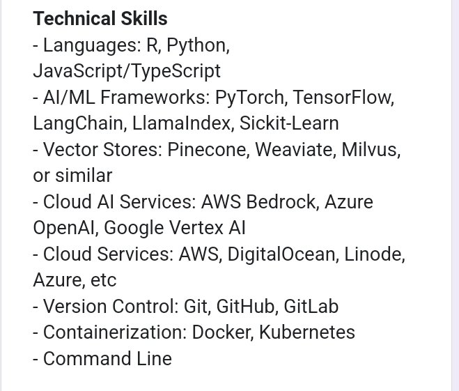 tohire_ng's tweet photo. We're Hiring 📢 

Job title: AI Engineer

Location: Remote 

About the Role
We seek an experienced AI Engineer to join our team in developing and implementing cutting-edge artificial intelligence solutions. The ideal candidate will have strong expertise in applied AI, particularly in integrating and deploying AI systems, working with various AI tools and platforms, and building intelligent agents.

What We Offer
- Competitive salary, Starting at NGN500k
- Collaborate with a forward-thinking team at the forefront of AI innovation.
- Opportunity to work on exciting, real-world AI projects for global clients.
- High growth potential in a fast-paced and innovative environment.

Key Responsibilities
- Design, develop, and deploy AI solutions with a focus on practical business applications
- Integrate and manage third-party AI APIs and services (e.g., OpenAI, Anthropic, Google AI)
- Build and optimize AI agents for autonomous task execution and decision-making
- Implement and manage vector stores for efficient similarity search and retrieval
- Create and maintain data pipelines for training and serving ML models
- Monitor AI system performance and implement improvements
- Research and evaluate emerging AI technologies and tools for potential implementation
- Develop solutions for complex problems identified through system analysis
- Mentor team members on AI best practices and implementation

Required Qualifications
- Background in Computer Science, Machine Learning, or related field
- Professional experience in applied AI development
- Expert-level proficiency in programming languages including Python and JavaScript/TypeScript
- Advanced command line and shell scripting capabilities
- Demonstrated experience integrating and working with third-party AI APIs
- Strong experience with vector databases (e.g., Pinecone, Weaviate, Milvus)
- Practical experience building and deploying AI agents
- Proven track record of deploying AI solutions to production environments
- Strong understanding of cloud platforms (AWS, GCP, or Azure) and their AI services

Technical Skills
- Languages: R, Python, JavaScript/TypeScript
- AI/ML Frameworks: PyTorch, TensorFlow, LangChain, LlamaIndex, Sickit-Learn
- Vector Stores: Pinecone, Weaviate, Milvus, or similar
- Cloud AI Services: AWS Bedrock, Azure OpenAI, Google Vertex AI
- Cloud Services: AWS, DigitalOcean, Linode, Azure, etc
- Version Control: Git, GitHub, GitLab
- Containerization: Docker, Kubernetes
- Command Line 

Tools:
Bash/Shell scripting, CLI developmentKey Competencies
- Deep understanding of current AI landscape and emerging technologies
- Strong problem identification and solution development skills
- Experience with prompt engineering and LLM optimization
- Ability to evaluate and integrate new AI tools and services
- Knowledge of AI agent architectures and orchestration
- Understanding of vector embeddings and semantic search
- Experience with AI system monitoring and optimization

Extra Preferred Qualifications
- Experience with RAG (Retrieval-Augmented Generation) implementations
- Knowledge of AI safety and responsible AI development
- Contributions to open-source AI projects
- Experience with AI model fine-tuning and optimization
- Familiarity with AI agents frameworks (e.g., trigger .dev, StackAI, PhiData, etc)

Apply 👇 
https://t.co/3jPmP5MZXn

We appreciate all applications but only shortlisted candidates will be contacted.