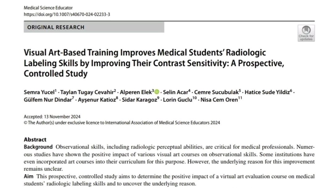 Happy to share our research on the link between art training &amp; radiological image reading, now published in Medical Science Educator! Huge thanks to my amazing teammates <a href="/eosasocial/">EOSA</a> <a href="/oren_cem/">Nisa Cem Oren M.D. FEOSA</a>  for their collaboration. Onward! 💫
#Research  #MedTwitter  

doi.org/10.1007/s40670…