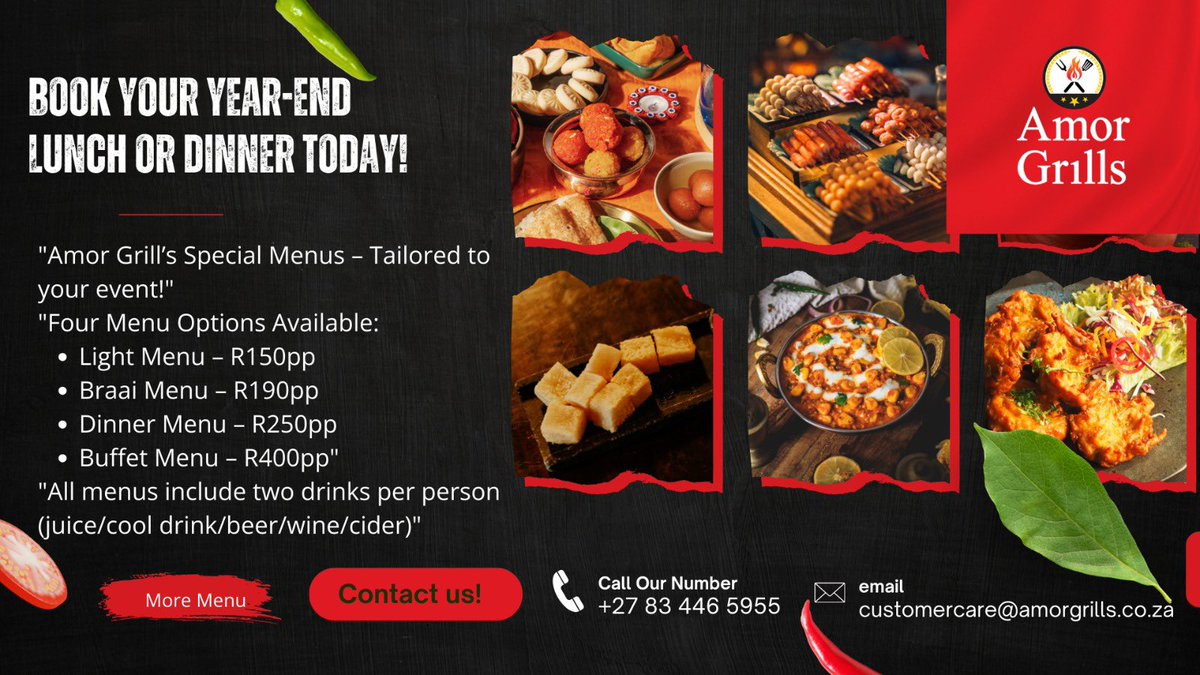 AmorGrills's tweet photo. We are more than prepared to host your year-end function, providing a personalised menu that caters to your unique needs. Contact us 📲 +27 83 446 5955 or visit our store📍24 Doig Street, Pietermaritzburg, 3201

#AmorGrills https://t.co/vFwg8tYhEN