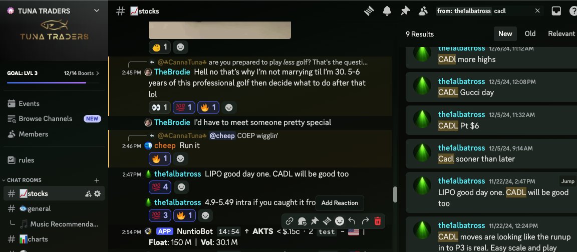 Tuna_Traders's tweet photo. $CADL from $4.80, just eclipsed $10!! . Incredibly lucky to have the one and only the1albatross in our school! 

#TunaTraders is ON FIRE 

$CADL $RIME $TANH $HAO $LIPO $RZLV @EAvTexas @cheep_trades @ItsWeirdHere1 @MeMyselfNSquire @poonmarket 

Join us today! https://t.co/oZCVbvDQXP