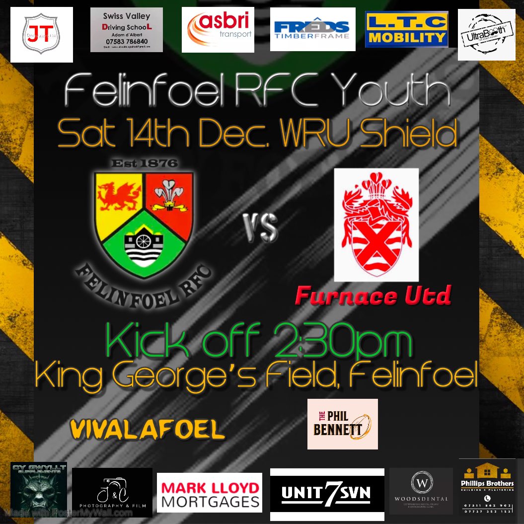 Big day for Felinfoel Youth this Saturday 14th December. WRU shield action against our neighbours from across town <a href="/Furnacerfc15s/">Furnace RFC Youth</a> <a href="/FurnaceUnited/">Furnace United RFC</a>. 

⏰ kick off 2:30pm. 

Let’s get all the village out to support the boys. 
#vivalafoel #youthrugbyrising