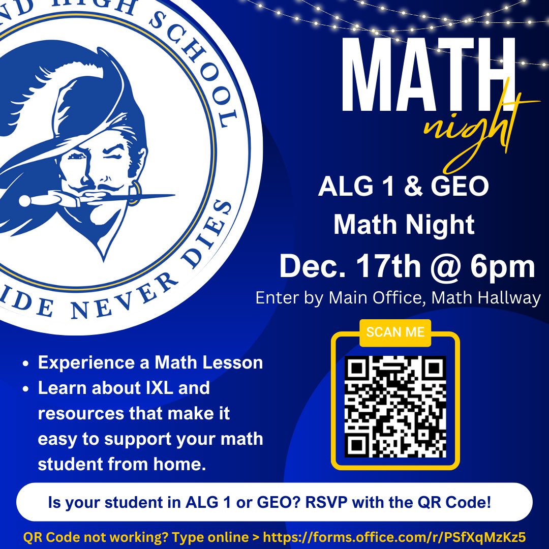 Start early in preparing for State Testing! Join us for an ALG 1 &amp; GEO Math Night Dec. 17th @ 6pm. Learn how to support your Math student from home using an easy to use Vportal App! RSVP Today 😊
