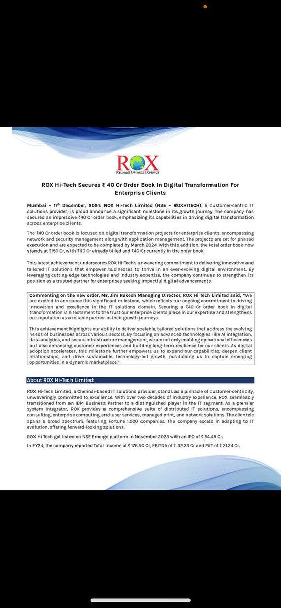 valuevzard's tweet photo. Good news for ROX stakeholders. A good company with good guidance. Trustworthy promoters. @Alchemist1320 @vardhiitbhu #ROX #ROXHITECH #SME #SMEs https://t.co/JGPNlolmMD