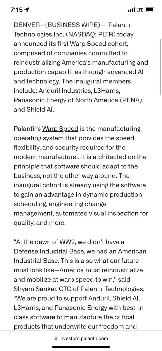 $PLTR Announces Inaugural Warp Speed Cohort to Power Manufacturing and Production Capabilities Through Advanced AI &amp; Technology

Anduril Industries, L3Harris, Panasonic Energy of North America (PENA), and Shield AI are all Inaugural members.