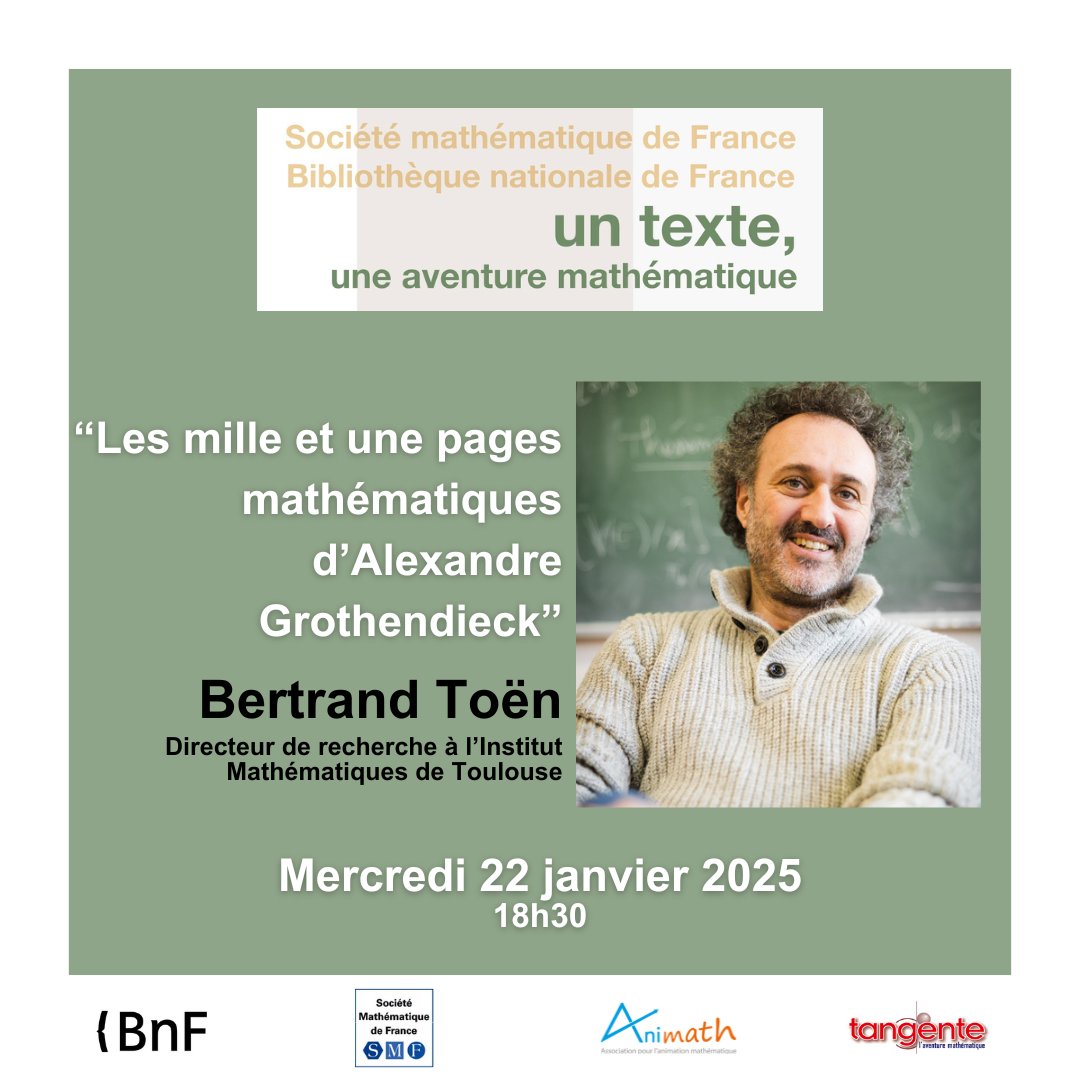 Animath (@asso_animath) on Twitter photo Les inscriptions pour le cycle "Un Texte, Une Aventure Mathématique" sont toujours ouvertes ! 🧮✨
📅 RDV le 22/01 à <a href="/laBnF/">La Bibliothèque nationale de France</a> pour la 1ère conférence sur Alexandre Grothendieck.
🔗Enseignant·es inscrivez votre classe pour ne pas manquer cette aventure : forms.gle/TgdFw58r9SBBXB… Les inscriptions pour le cycle "Un Texte, Une Aventure Mathématique" sont toujours ouvertes ! 🧮✨
📅 RDV le 22/01 à <a href="/laBnF/">La Bibliothèque nationale de France</a> pour la 1ère conférence sur Alexandre Grothendieck.
🔗Enseignant·es inscrivez votre classe pour ne pas manquer cette aventure : forms.gle/TgdFw58r9SBBXB…