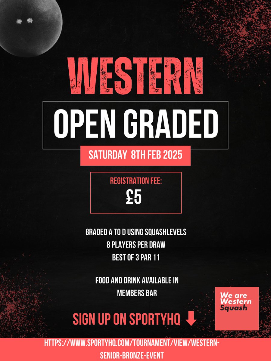 Western Health & Racquets Club (@westernracquets) on Twitter photo Come and join us at our first squash tournament of 2025!
Graded A to D, based on <a href="/SquashLevels/">SquashLevels</a>
Par 11, best of 3
Sign up here sportyhq.com/tournament/vie… Come and join us at our first squash tournament of 2025!
Graded A to D, based on <a href="/SquashLevels/">SquashLevels</a>
Par 11, best of 3
Sign up here sportyhq.com/tournament/vie…