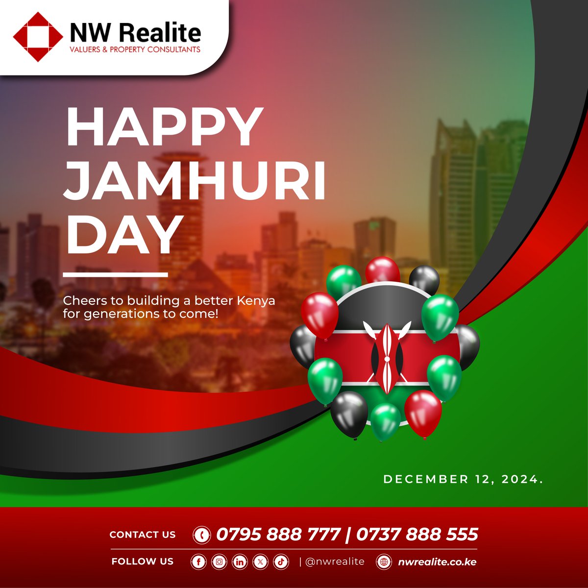nw_realite's tweet image. Happy Jamhuri Day!

Today, we honor and celebrate Kenya’s heritage. Just as Kenya thrives on its rich culture and togetherness, we take pride in managing spaces where families, businesses, and dreams thrive.

#propertymanagement  #wetouch #weaddvalue #JamhuriDay2024