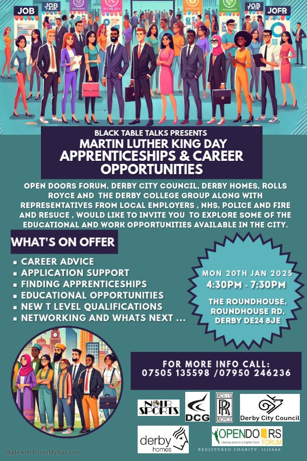 👷🏾Apprenticeships and Career Opportunities event!👨🏼‍🏭

📅Monday 20th January 2025
🕰️4.30pm-7.30pm

Get support around writing applications, apprenticeships, T-Levels and get career advice and guidance on what to do next! 📝

For more information contact: 07505 135598/07950 246236