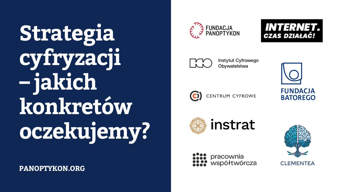 Fundacja Panoptykon (@panoptykon) on Twitter photo 1/ Dziś <a href="/CYFRA_GOV_PL/">Ministerstwo Cyfryzacji</a> kończy konsultować #strategiacyfryzacji do 2035. Celem strategii ma być poprawa jakości życia obywateli. Jak to przełożyć na konkretne działania i zmiany w polityce PL? Proponujemy w koalicji NGO-sów oraz środowiska akademickiego.
Krótki wątek🧵 1/ Dziś <a href="/CYFRA_GOV_PL/">Ministerstwo Cyfryzacji</a> kończy konsultować #strategiacyfryzacji do 2035. Celem strategii ma być poprawa jakości życia obywateli. Jak to przełożyć na konkretne działania i zmiany w polityce PL? Proponujemy w koalicji NGO-sów oraz środowiska akademickiego.
Krótki wątek🧵