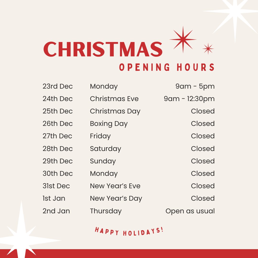 🎄✨ Merry Christmas, everyone! ✨🎄
We hope this festive season brings you joy, warmth, and wonderful moments with your loved ones.

To help you plan ahead, here are our office opening times during the holiday period📅
 
Thank you for your continued support.